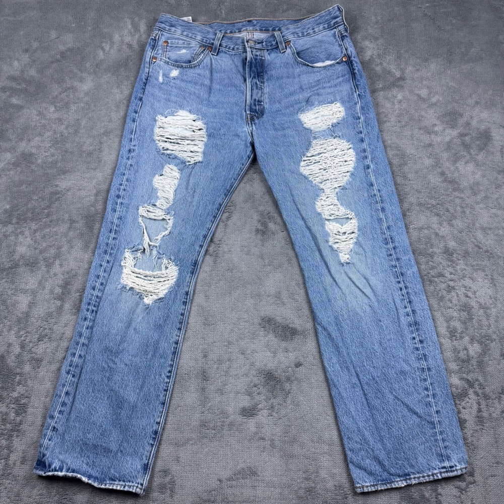 Levis 501 Original Fit Mens 34x29 Blue Distressed Ripped Button Fly Jeans